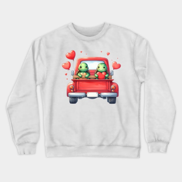 Valentine Turtle Couple Sitting On Truck Crewneck Sweatshirt by Chromatic Fusion Studio